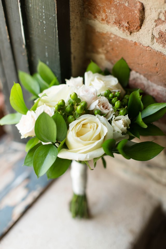 White roses, spray roses and greenery