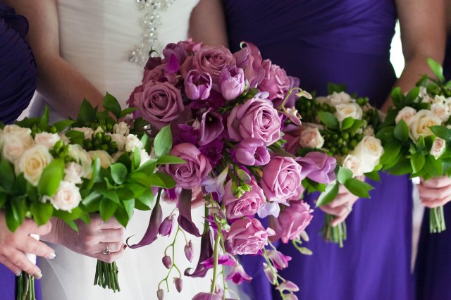 Purple cascading bridal bouquet 